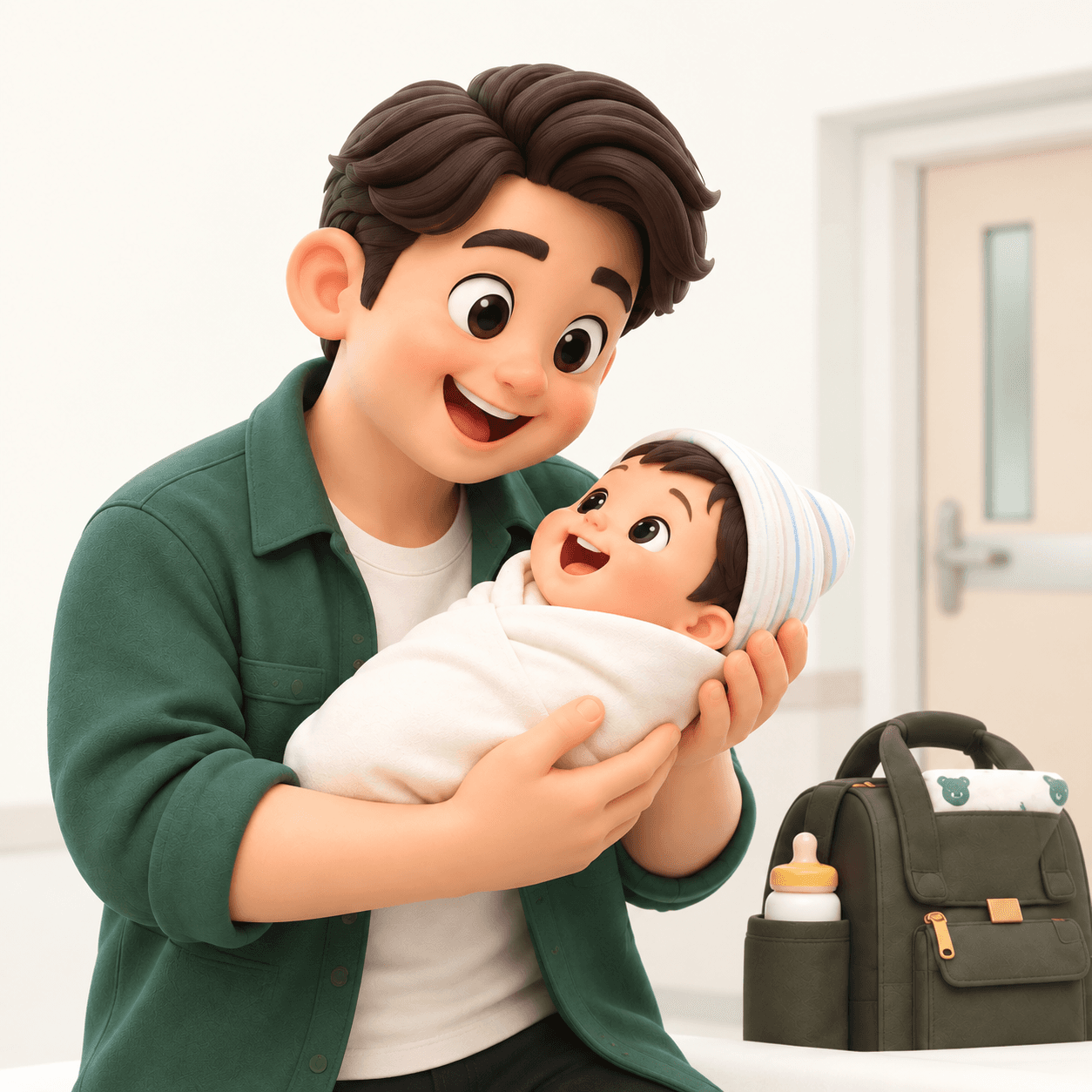 신생아를 조심스럽게 안고 있는 아빠